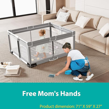 ICAREWAY Foldable Playpen for Babies and Toddlers, 71"x59" Inches Portable Playpen with Mat, Kids Collapsible Play Pen with 2 Handlers, Indoor & Outdoor Baby Play Area with Visible Mesh (Light Gray)