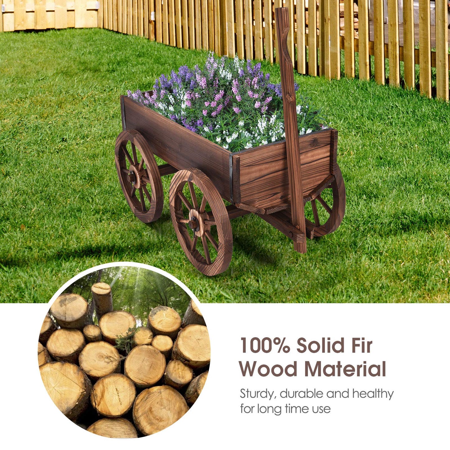 LDAILY Moccha Wooden Wagon, Wood Flower Planter Pot Stand with 4 Wheels for Home Garden Outdoor Indoor