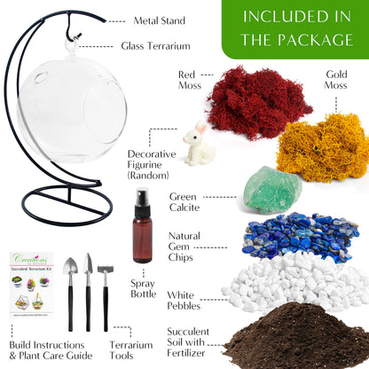 Creations by Nathalie DIY 5" DIY Globe Terrarium Kit - Build Your Own Glass Terrarium for Adults & Teens with Moss, Crystals, Tools & Decorative Figurine - Mini Ecosystem (Plant Not Included)