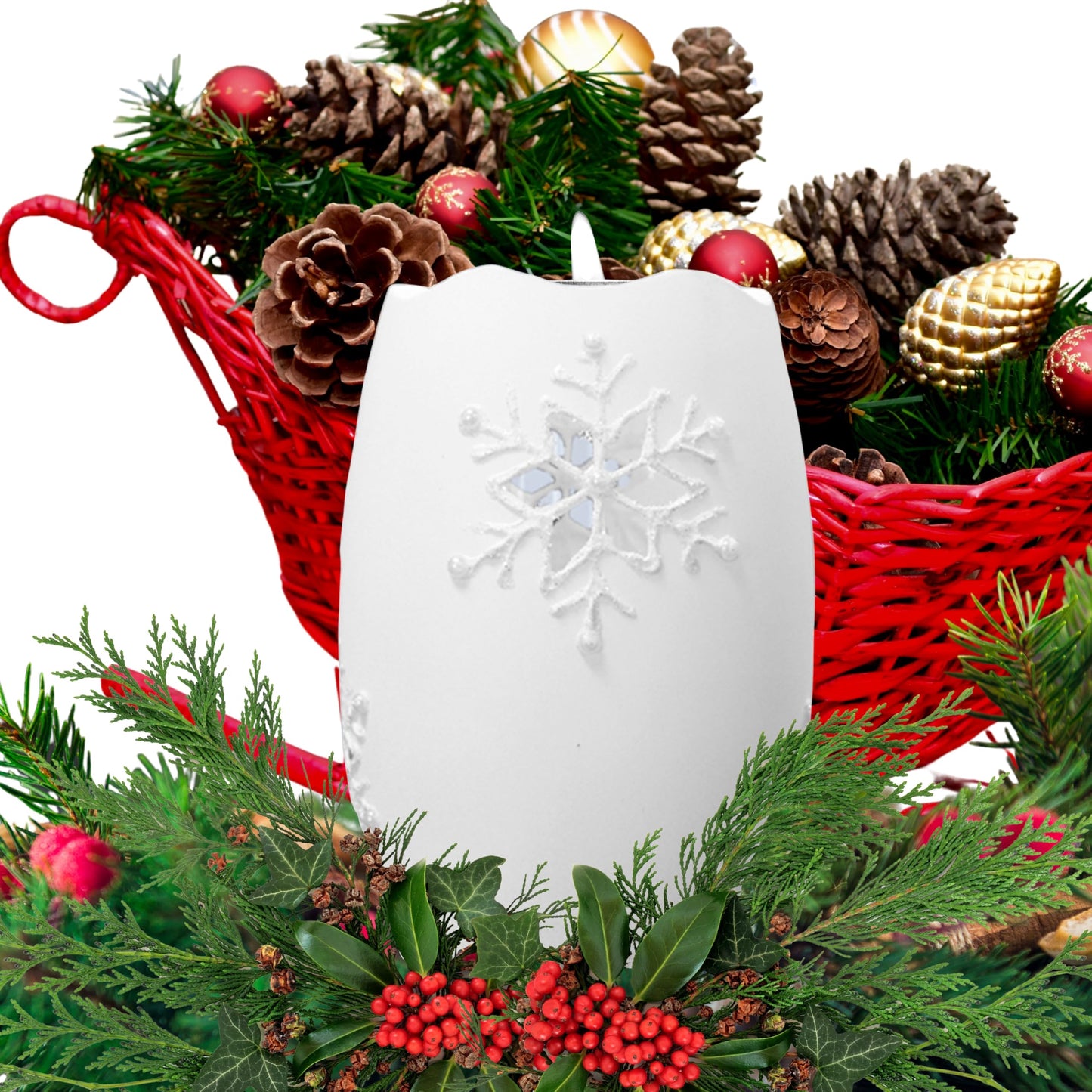 Lighted Snowflake Candle Holder – White Frosted Glass Christmas Decoration, 5" H x 3.5" D Winter Snowflake Table Décor, LED Holiday Candle Holder for Mantel, Shelf, Centerpiece Home Accent Gift