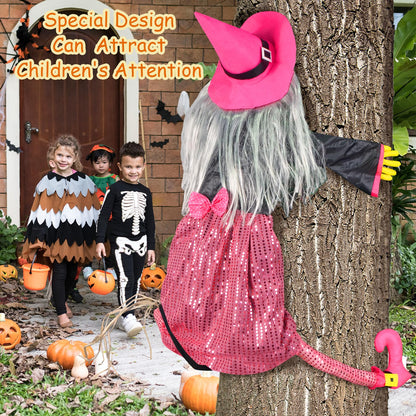 Mewcooss 67" Large Crashing Witch Halloween Decor - Pink Witch Halloween Decor Crashing into Tree Props Halloweens Flying Witches Decoration with Broom for Outdoor Backyard Garden & Lawn