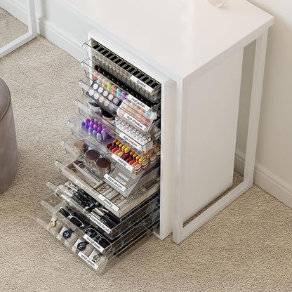 WOPITUES Storage Drawer Cart, Mobile Storage Cabinet, Makeup Storage with 10 Large Clear Drawers, Utility Wooden Rolling Cart on Wheels, for Cosmetic, Art Craft, Office Supplies, Toy, White