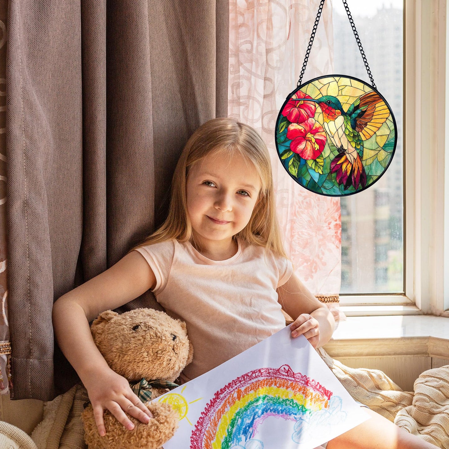 XFCICRLJ Hummingbird Suncatcher Stained Glass Window Hanging, Hummingbird Flower Sun Catchers Indoor Window Glass Wall Art Decor, Bird Wall Hanging Decor Decorations, 7.9x7.9 Inch 038-MH-BLGH