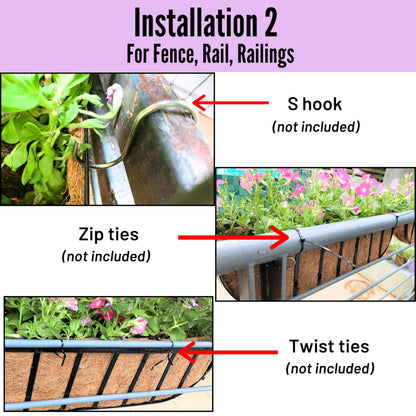 LaLaGreen Bundle- 2 Pack, 24 Inch Metal Planter with Coco Liner + 3 Pack, 11 Inch Self Watering Hanging Basket Plastic Flower Pot with Chain Outdoor Wall Mounted Balcony Fence Patio Porch Modern Decor