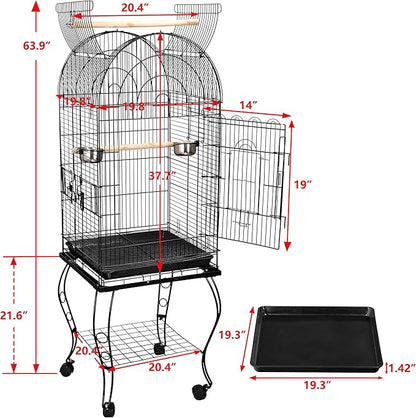 63.5" Rolling Bird Cage Open Top Large Iron Cage for Quaker Parrot Cockatiel Sun Parakeet Green-Cheek Conure with Rolling Stand & Storage Shelf