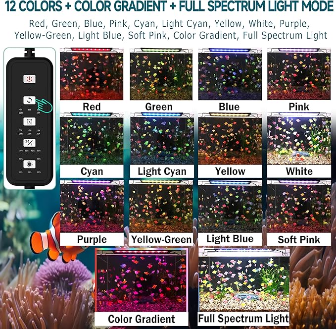 24/7 LED Aquarium Light with Remote for 12-18 Inch Plant & Fish Tank IP68, 12-Color & Gradient & Full Spectrum Light with Timer, Auto On/Off, Brightness, Extendable Brackets for Freshwater
