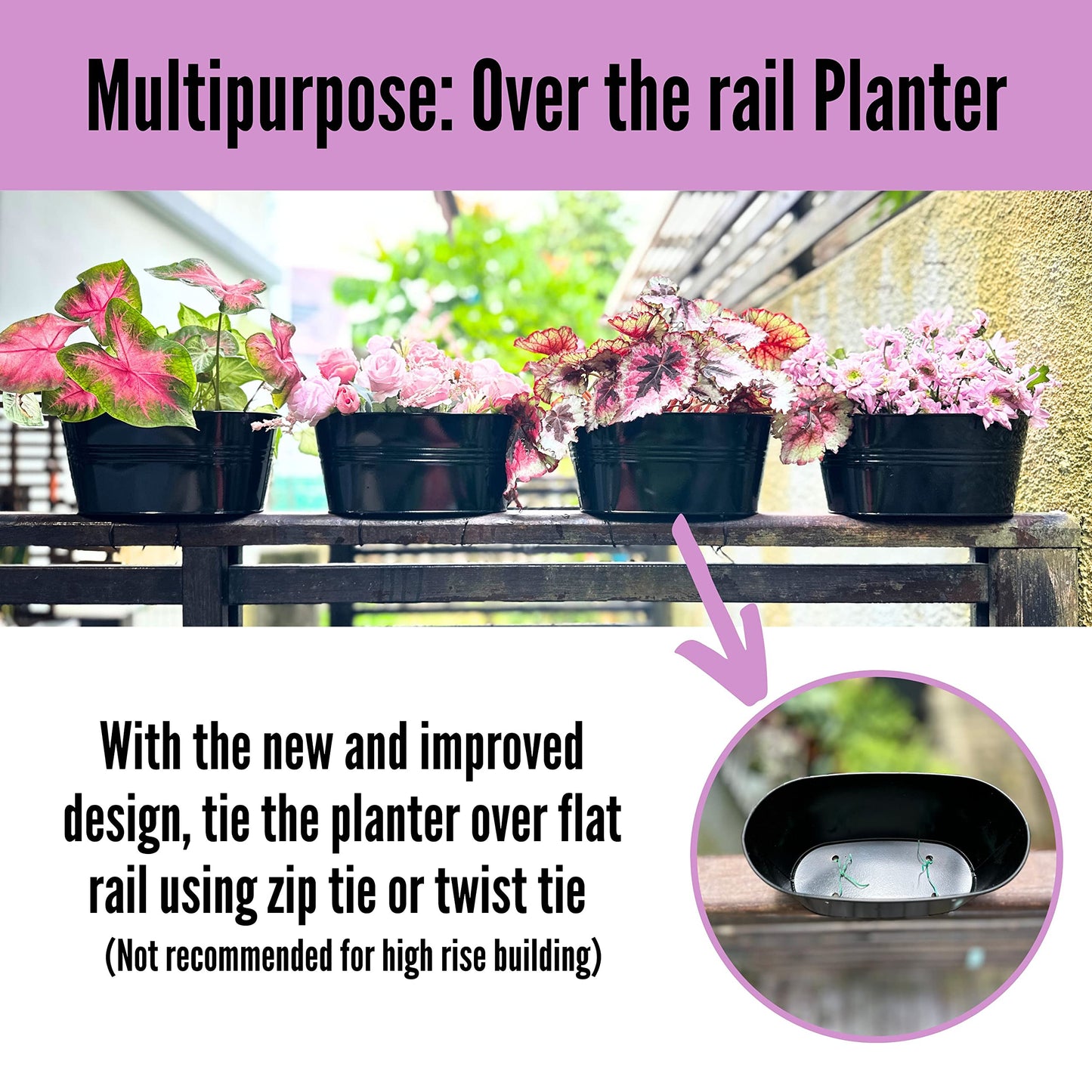 LaLaGreen Bundle - 6 Pack, 11.2 Inch Rounded Hanging Pot + 10 Pack, 6 Inch Black Metal Flower Pot, Large Outdoor Fence Deck Porch Railing Bucket, Modern Style Window Hanger Hook Balcony Plant Decor