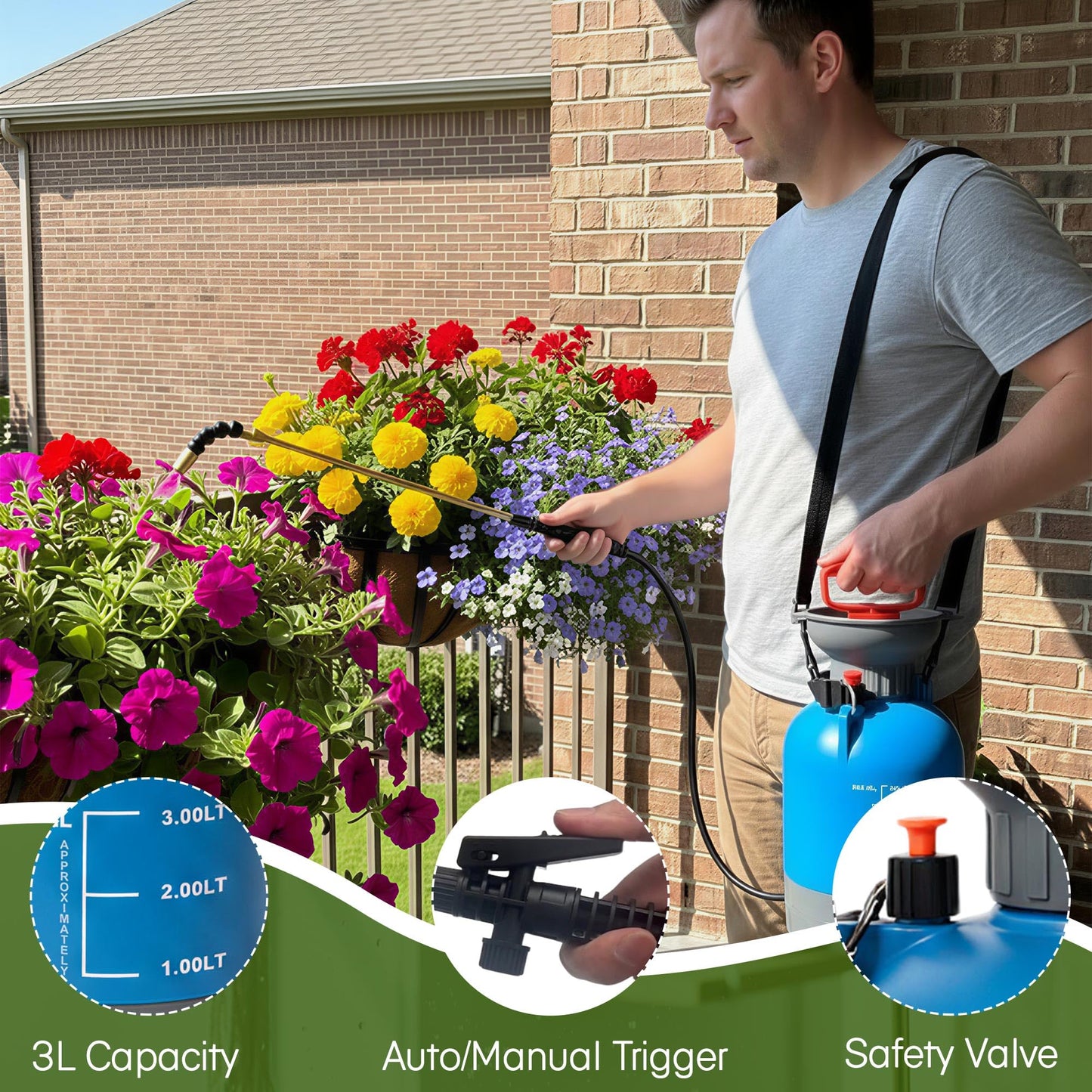 High Reach Plant Waterer for Indoor Hanging Plants, Telescopic Pump Pressure Sprayer with Brass Wand and 180° Adjustable Watering Nozzle, Leak Proof Anto/Manual Plant Watering Devices(0.8 Gal)