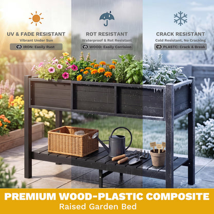 DWVO 48x18x30in Raised Garden Bed Kit, HDPE Planter Box Stand, Poly Wood Weather-Resistant Planter Box with Legs & Storage Shelf, Elevated Garden Bed for Backyard, Patio, Balcony,Black