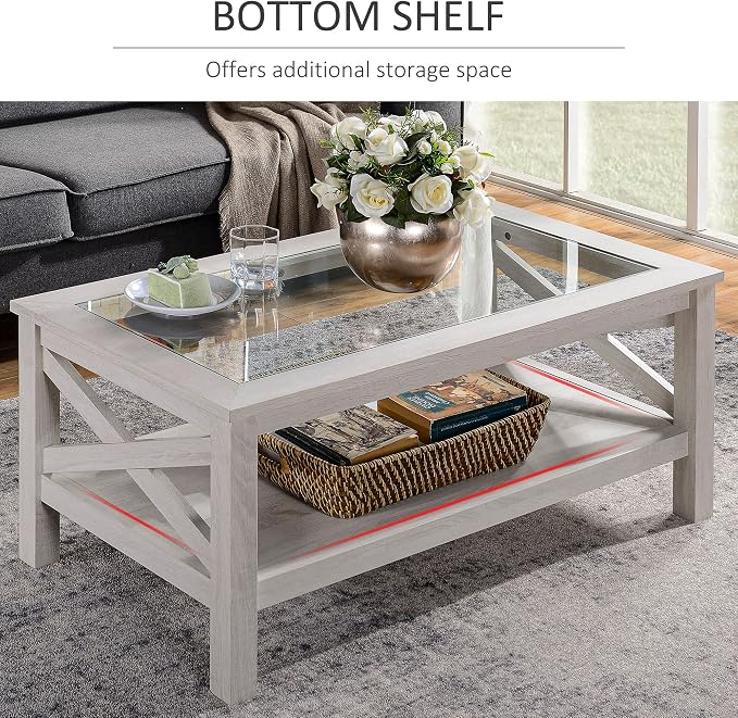 HOMCOM Farmhouse Style Coffee Table with Wood Frame, Tempered Glass Tabletop and Underneath Storage Shelf, Side Table for Living Room, 39.25"x21.75", White Oak