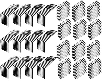 Newwiee 108 Pcs Stretch Chair Sashes with Table Runners, Sashes Fringe Table Runner for Party Wedding Reception Banquet Decorations (Black and White)