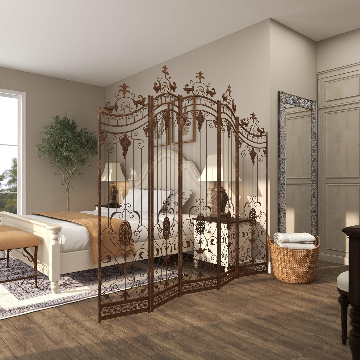 Deco 79 Metal Partition Room Divider Screen Hinged Foldable Arched Partition 5 Panel Privacy Screen with Relief Acanthus Design, Room Partition 80" x 1" x 80", Bronze