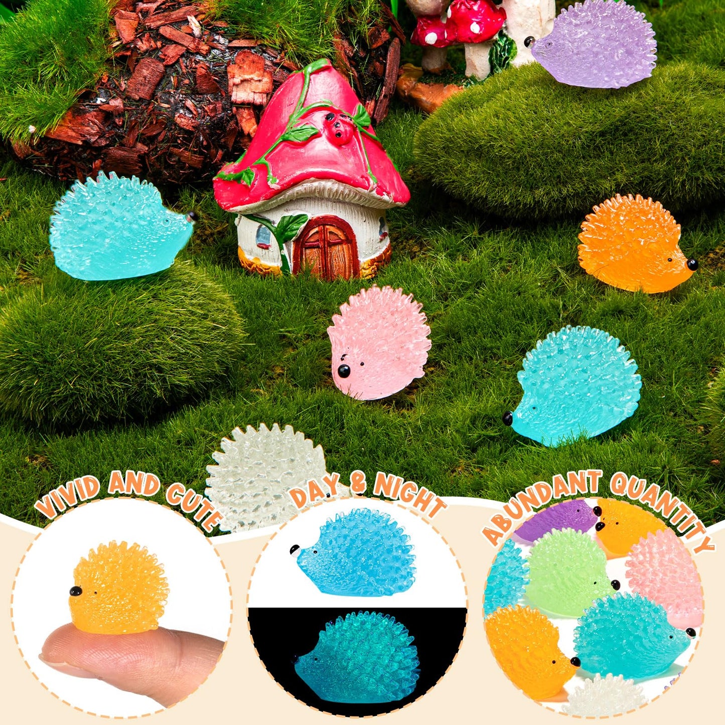 SYWHXY 120PCS Luminous Mini Resin Hedgehogs Cute Miniature Hedgehog Figures Glow in The Dark, Tiny Resin Hedgehogs Animals for Dollhouse Micro Landscape DIY Home Outdoor Decor
