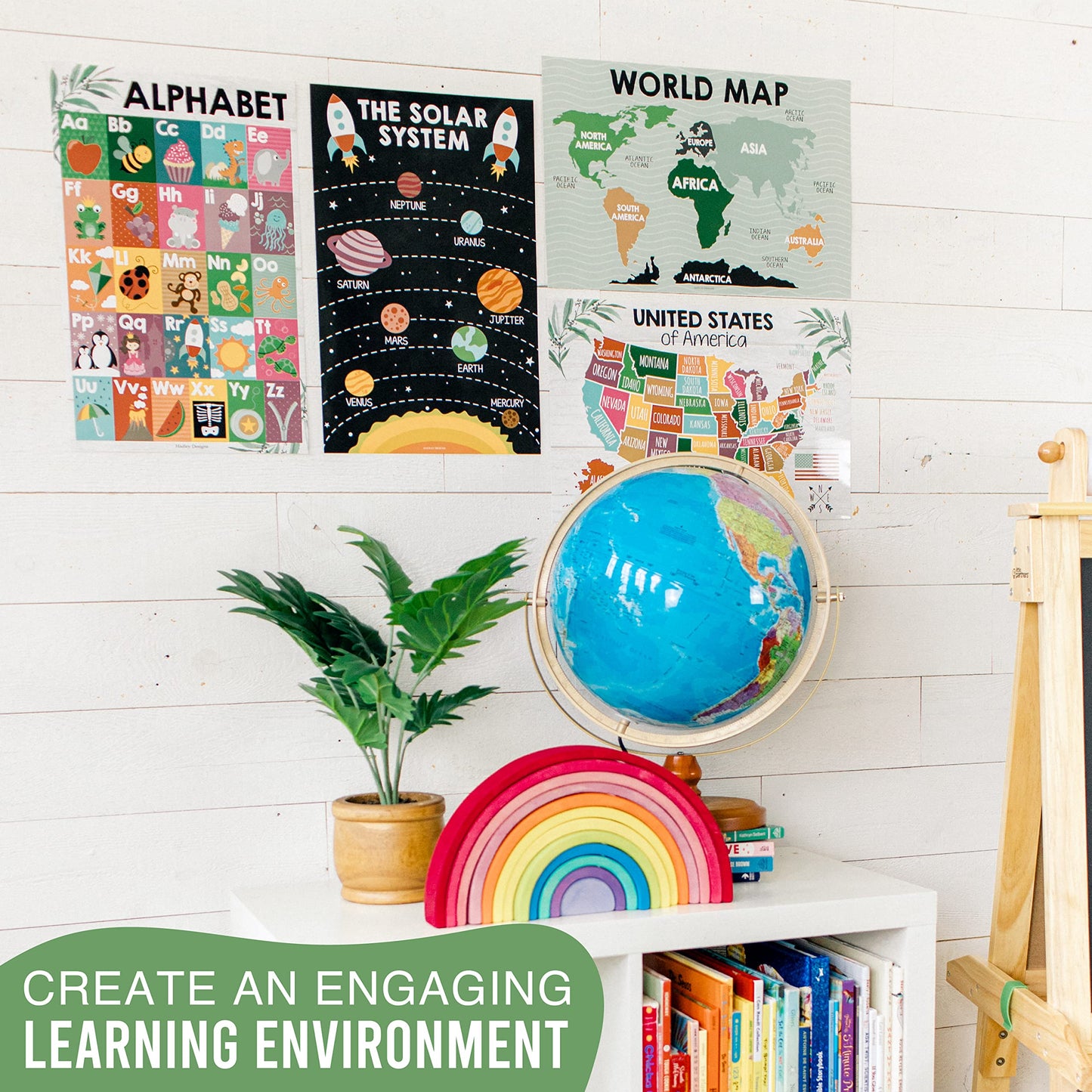 4 Alphabet, Map of United States, World Map, & Solar System Posters - Laminated ABC Charts for Toddlers Wall Decor, Farmhouse Posters for Kindergarten, Prek Classroom or Homeschool 11x17