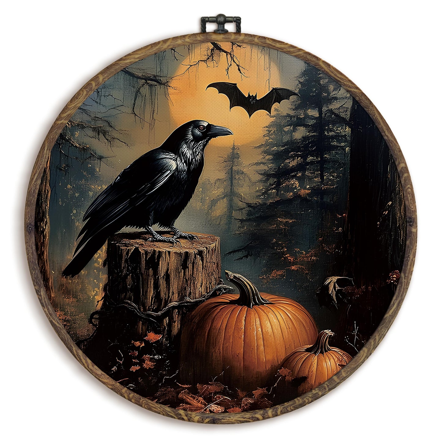 KFXHANGD Halloween Fall Raven Round Wall Art Framed, Gothic Crow Pumpkin Canvas Wall Art Decor, Halloween Fall Hanging Decor for Kitchen Bedroom Living Room, 10x10in