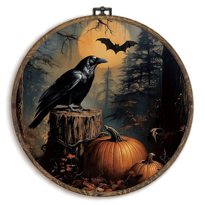 KFXHANGD Halloween Fall Raven Round Wall Art Framed, Gothic Crow Pumpkin Canvas Wall Art Decor, Halloween Fall Hanging Decor for Kitchen Bedroom Living Room, 10x10in