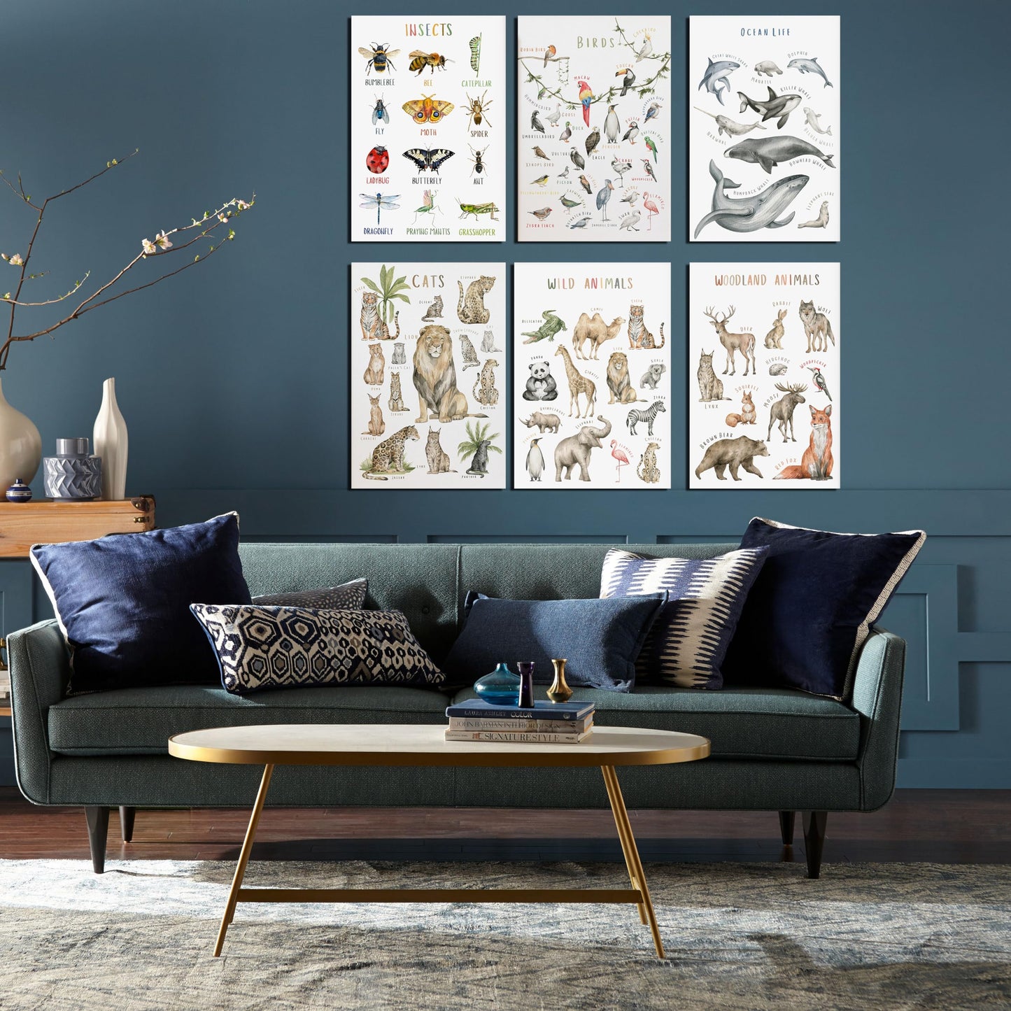 BOLNEY Set of 6 Educational Posters - Kids Wall Art: Wild Animals, Woodland Animals, Birds, Insects, Ocean Life (No Frame, 20x30cm-6pcs)