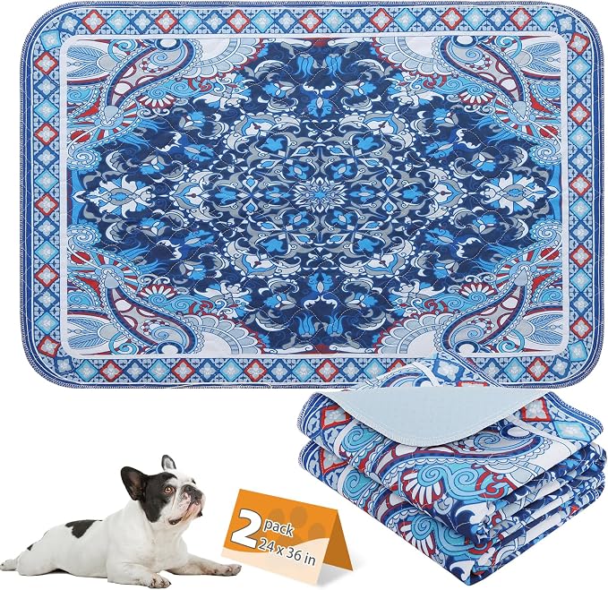 KOOLTAIL Washable Pee Pads for Dogs, 2 Pack Super Absorbent Reusable Puppy Training Pads Waterproof, Nonslip and Leak-Proof Dog Pee Pads, Large Pet Mats Whelping Pads for Floor, Crate, Blue 24"x36"