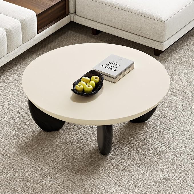 homary Round Concrete Coffee Table with Premium Walnut Ash Wood Legs, Modern Minimalist Cement Finish Center Table for Living Room (Black, 29.9" W x 29.9" D x 14.4" H)