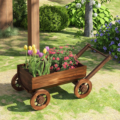 PULIJIAJU Wooden Wagon Garden Planter Cart with Wheels Rustic Flower Pot – Indoor Outdoor Patio Backyard Balcony Decor for Flowers and Plants（Large