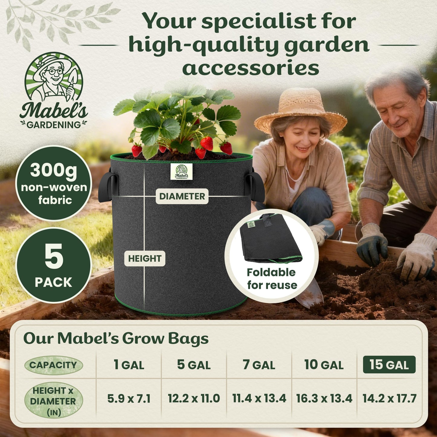 Mabel's Gardening 5-Pack 15 Gallon Grow Bags - Garden Planting Bags 17.7 x 14.2 INCH Made of 8.85 oz/yd² (300g/m²) Felt & Fleece Fabric Plant Pot, Plant Bag, Grow Bag for Pumpkin Potato Tomato