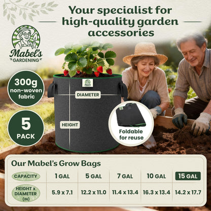 Mabel's Gardening 5-Pack 15 Gallon Grow Bags - Garden Planting Bags 17.7 x 14.2 INCH Made of 8.85 oz/yd² (300g/m²) Felt & Fleece Fabric Plant Pot, Plant Bag, Grow Bag for Pumpkin Potato Tomato