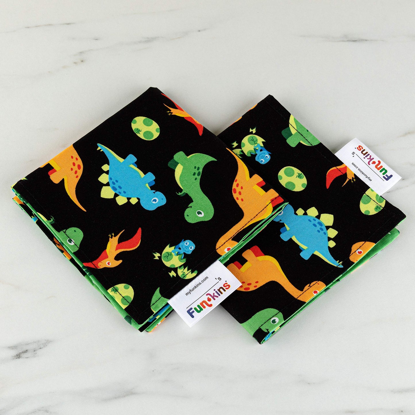 Funkins Reusable Cloth Napkins for Kids | 12”x12”, 2-Ply, Thick, Absorbent, Durable | Machine Washable | Name Tag | Soft Cotton Fabric | Set of 2 Napkins (Black Dinosaurs)