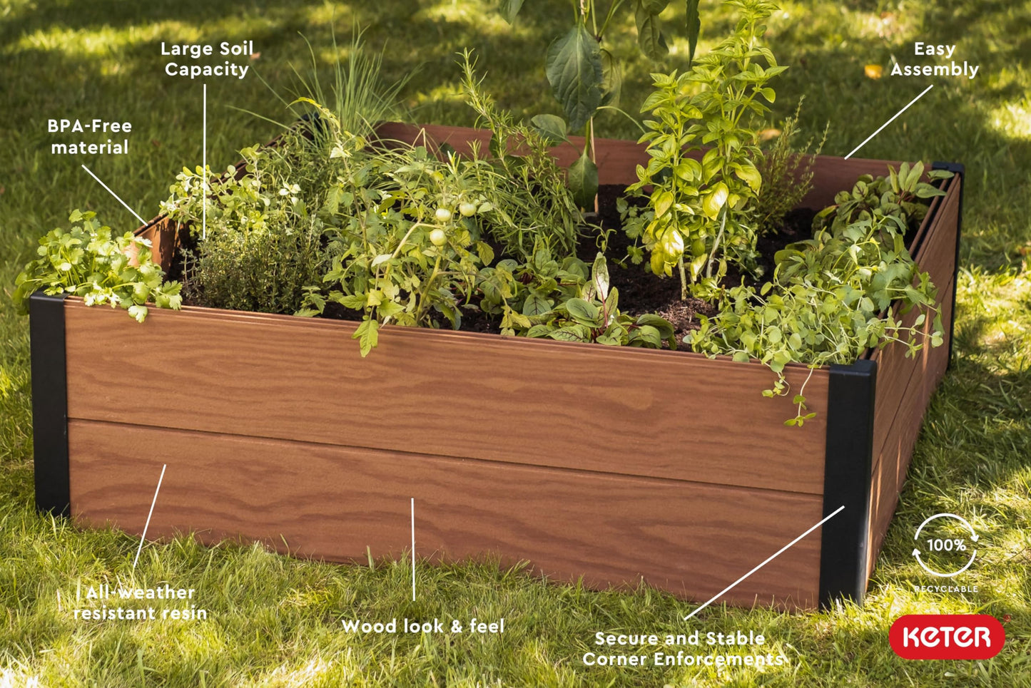 Keter 48" X 48" inches Wood Look Raised Garden Bed, Durable Outdoor Herb Garden Planter for Vegetables, Flowers, and Succulents, Brown