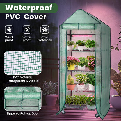 DazSpirit Mini Indoor Greenhouse with Grow Light, Portable 4-Tier Plant Stand with PVC Cover, Adjustable Shelves & Thermohygrometer for Seed Starting & Plant Growth, 70 x 23 x 19'', 32W Grow Light