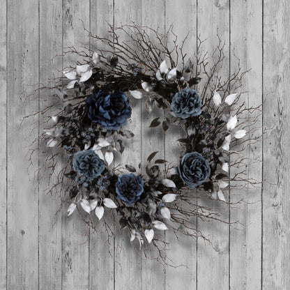 National Tree Company Artificial Deadwood and Roses Halloween Wreath, Black, 24 inch