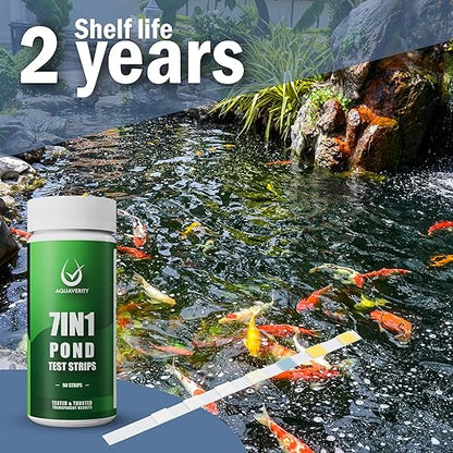 7-in-1 Pond Test Strips – Accurate Pond Water Test Kit for pH, Nitrate, Nitrite, Carbonate, Hardness, Total & Free Chlorine – Easy-to-Use Accessories for All Garden Ponds – 50 Strips
