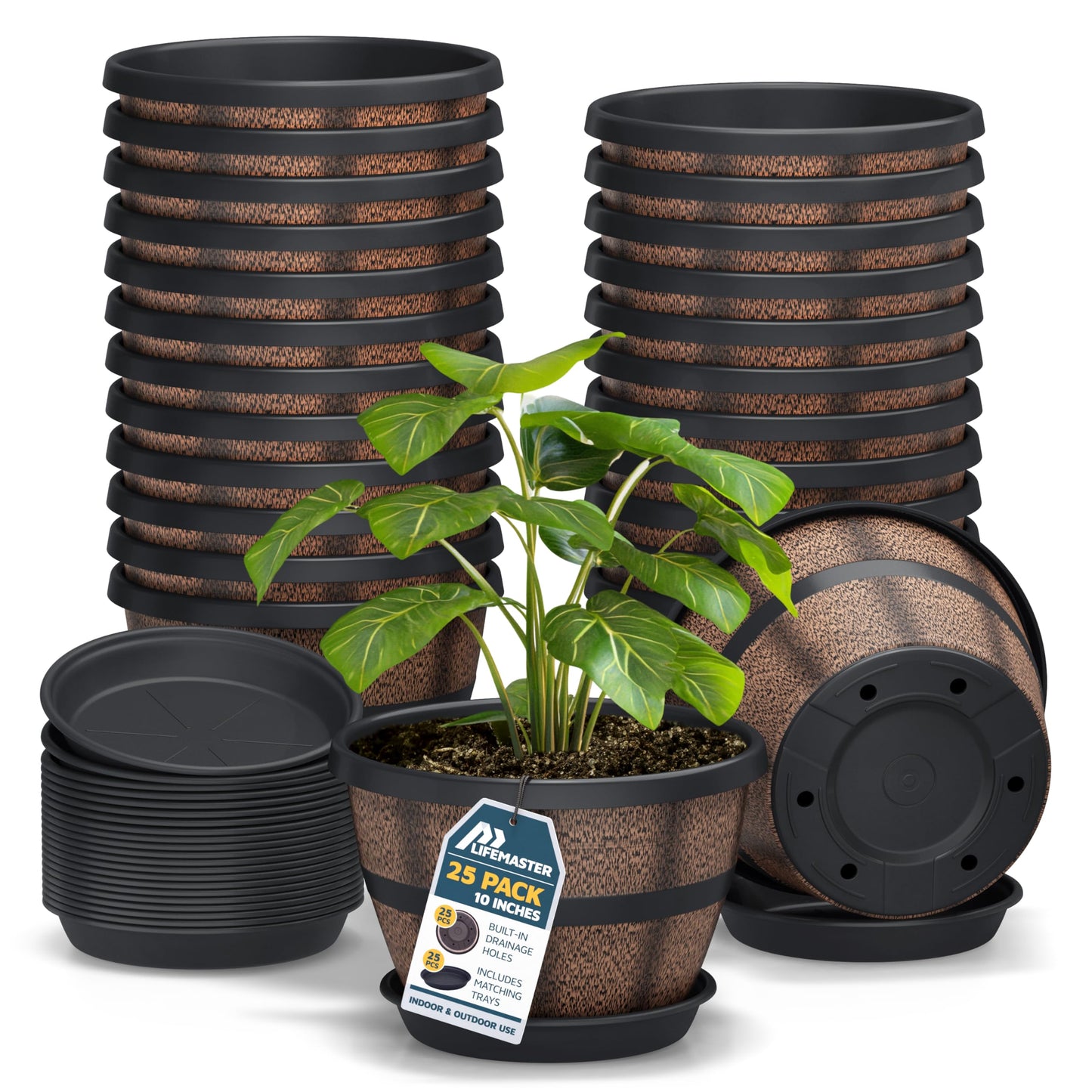 10-Inch Whiskey Barrel Planters Outdoor Pack of 25 - Durable Plastic Plant Pots for Indoor & Outdoor Use with Drainage & Saucer, Lightweight Rustic Barrel Planters for Flowers, Herbs & Small Plants