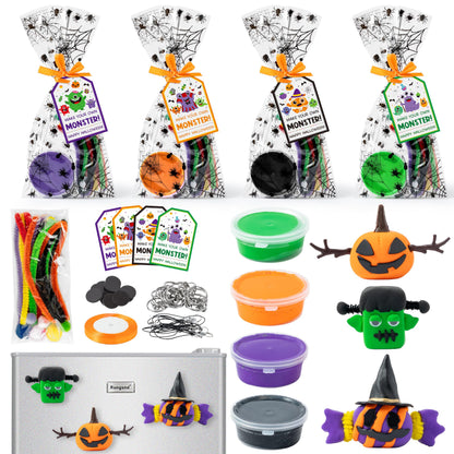 Haooryx Halloween Air Dry Clay Craft Kit - 16 Packs Cute Monster Pumpkin DIY Magnet Keychain Ornament Art Craft Bulk with Gift Bag for Classroom Exchange Gift Student Reward Halloween Party Favors