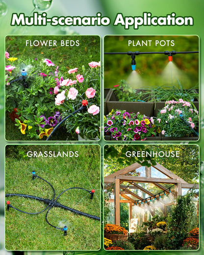 300FT Drip Irrigation System Kits - Automatic Garden Watering Sprinkler with 1/2 & 1/4 inch Tubing Hose Patio Misting Plant Irrigation Water Equipment Quick Connector for Greenhouse Flower Beds Lawn
