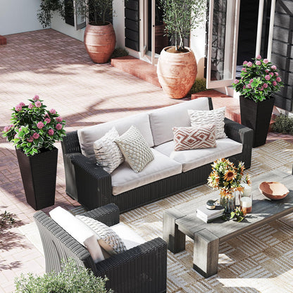 Giantex Set of 2 Outdoor Wicker Flower Pot, 30 Inch Tall Planters with Drainage System, PE Rattan Flower Pots, Indoor Outdoor Decoration for Front Porch Balcony Entryway, Dark Brown