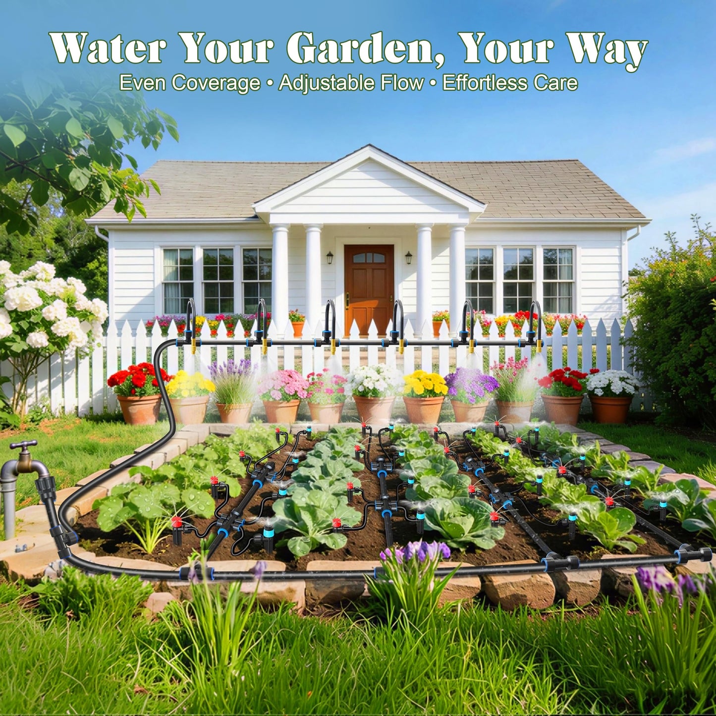 Drip Irrigation Kit for Garden, Automatic Watering System with Quick Connect Fittings, Adjustable Spray Nozzles, Water Saving Irrigation System for Yard, Greenhouse, Lawn & Potted Plants (140FT)