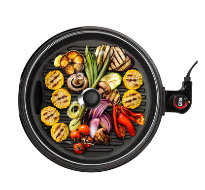 Elite Gourmet EMG-980B Smokeless Electric Tabletop Grill Nonstick, 6-Serving, Dishwasher Safe Removable Grilling Plate, Grill Indoor, Tempered Glass Lid, Adjustable Temperature, 14" Black