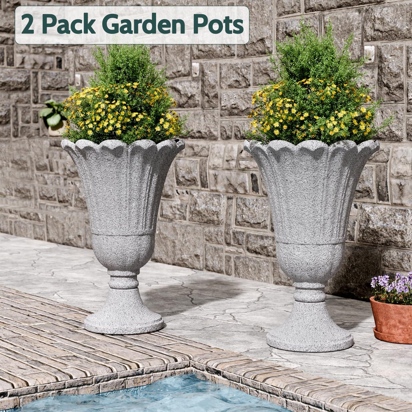 Trygoal 23.6" Tall Plastic Urn Planters for Outdoor Plants with Drainage Holes & Petal Design, Set of 2 Sturdy Base Classic Indoor Large Flower Pots, Outdoor Planters for Porch/Home, Yellow Beige