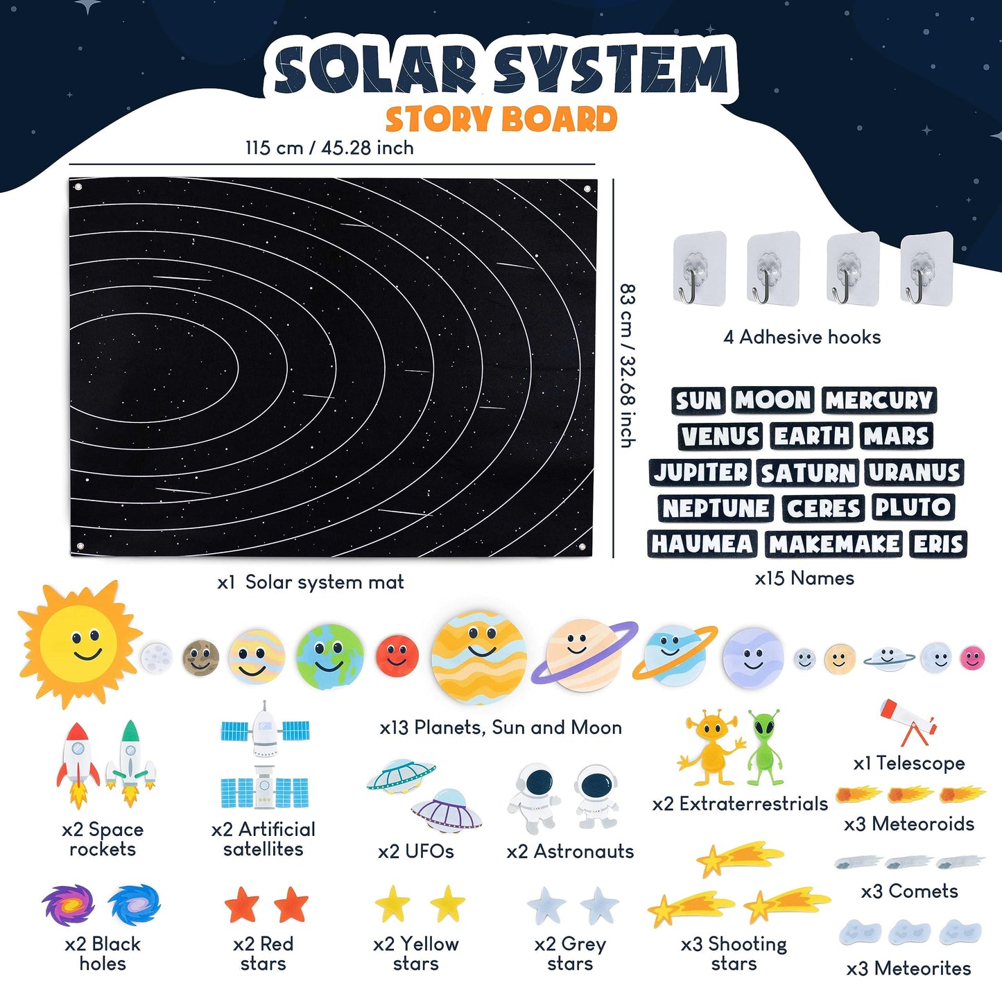 BONNYCO Solar System for Kids Toys with 61 Felt Figures. Space Montessori Toys, Girls Boys Birthday Gifts Planets. Felt Board for Toddlers Story, Educational Kids Gifts 3 4 5 6 7 8 Years, Christmas
