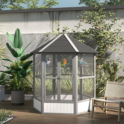 PawHut 69" Large Wooden Hexagonal Outdoor Aviary Flight Bird Cage with Covered Roof, Light Gray