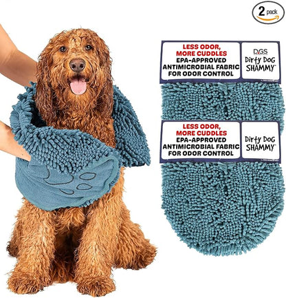 Dog Gone Smart The Dirty Dog Shammy - 2-Pack, Antimicrobial Microfiber Dog Towel for Odor Control, Fast-Drying Plush, Dual Hand Pockets & Super Absorbent, Machine Washable - 31 x 13 in, Pacific Blue