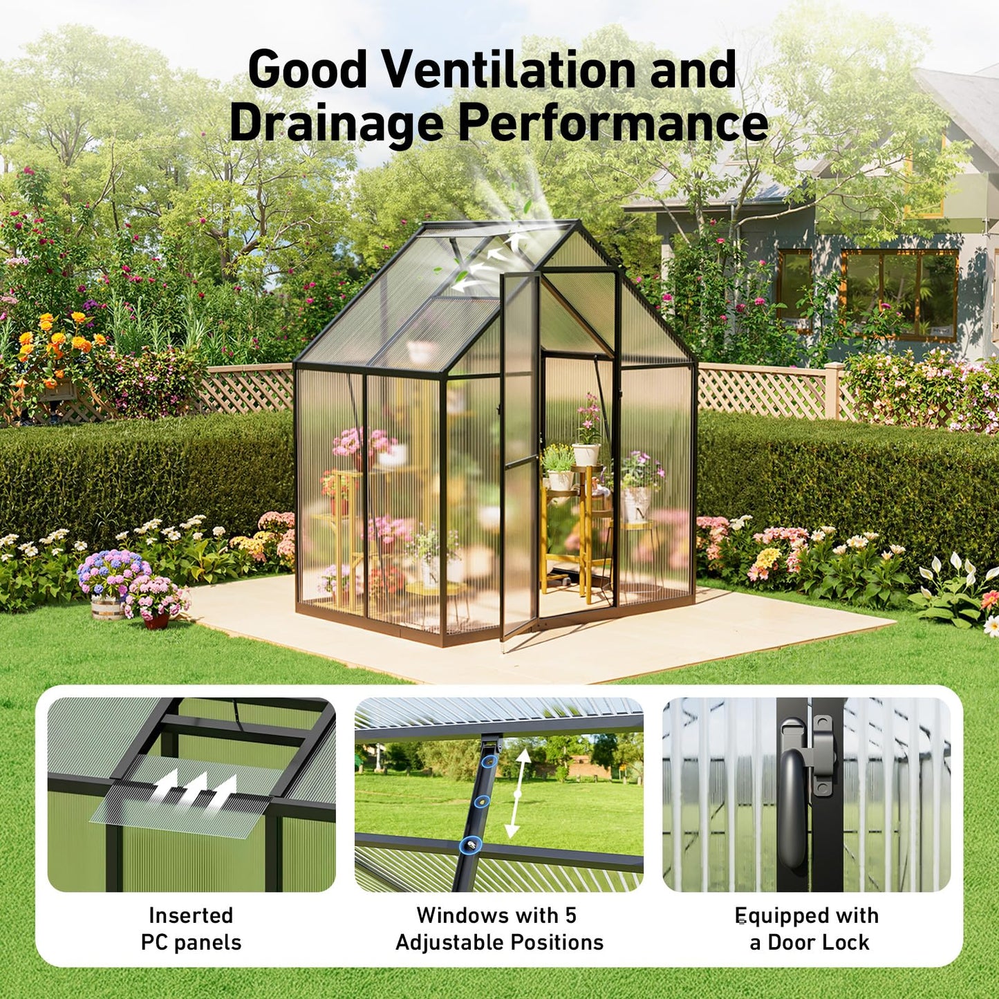 6x4FT Greenhouse with Hygrometer, Heavy Duty Aluminum Frame Polycarbonate Green House with Vent Window, Waterproof Windproof Warm Plant Greenhouses for Backyard Garden Vegetables Flowers Herbs Growing