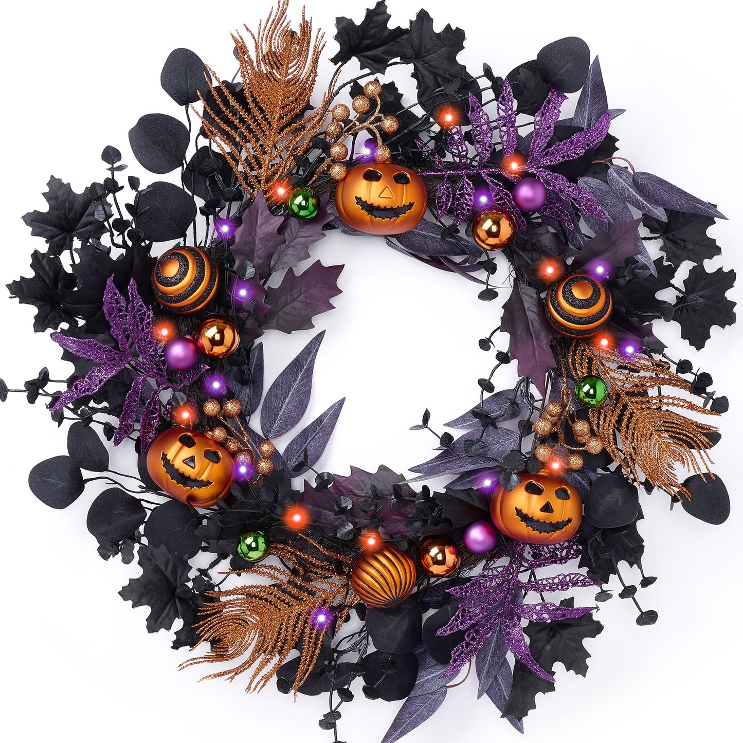 Valery Madelyn Collapsible Halloween Wreath for Front Door with Lights, 24 Inch Pre-Lit Jack-o'-Lantern Pumpkin Wreath Halloween Decorations for Centerpiece Window Indoor Party Holiday Wall Home Decor