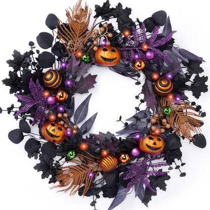 Valery Madelyn Collapsible Halloween Wreath for Front Door with Lights, 24 Inch Pre-Lit Jack-o'-Lantern Pumpkin Wreath Halloween Decorations for Centerpiece Window Indoor Party Holiday Wall Home Decor