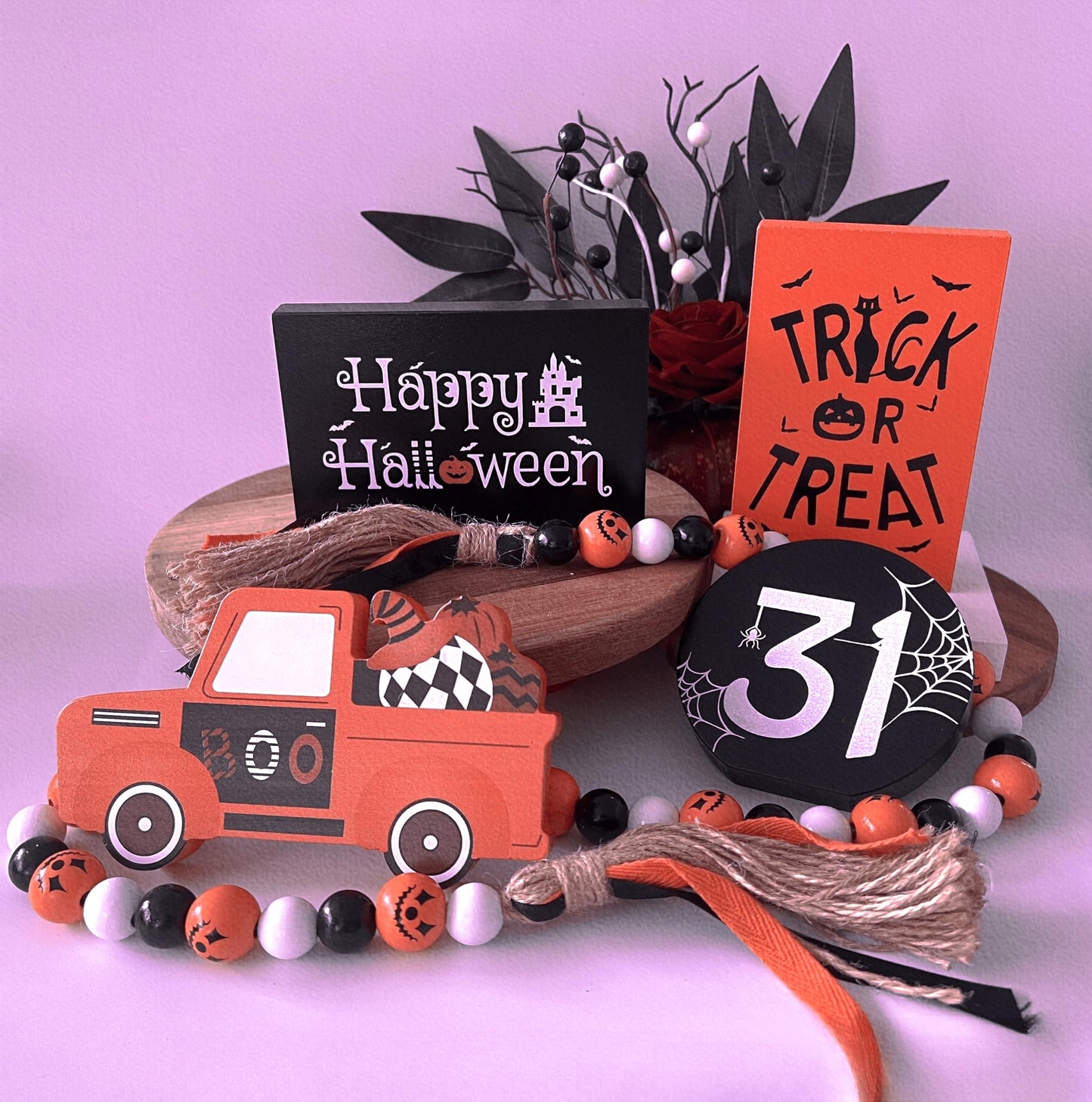 Halloween Decor, Halloween Decorations Indoor | 5Pcs Halloween Tiered Tray Decor - Boo Happy Halloween Wooden Signs and Bead Garland | Spooky Halloween Decor for Home Table