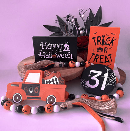 Halloween Decor, Halloween Decorations Indoor | 5Pcs Halloween Tiered Tray Decor - Boo Happy Halloween Wooden Signs and Bead Garland | Spooky Halloween Decor for Home Table