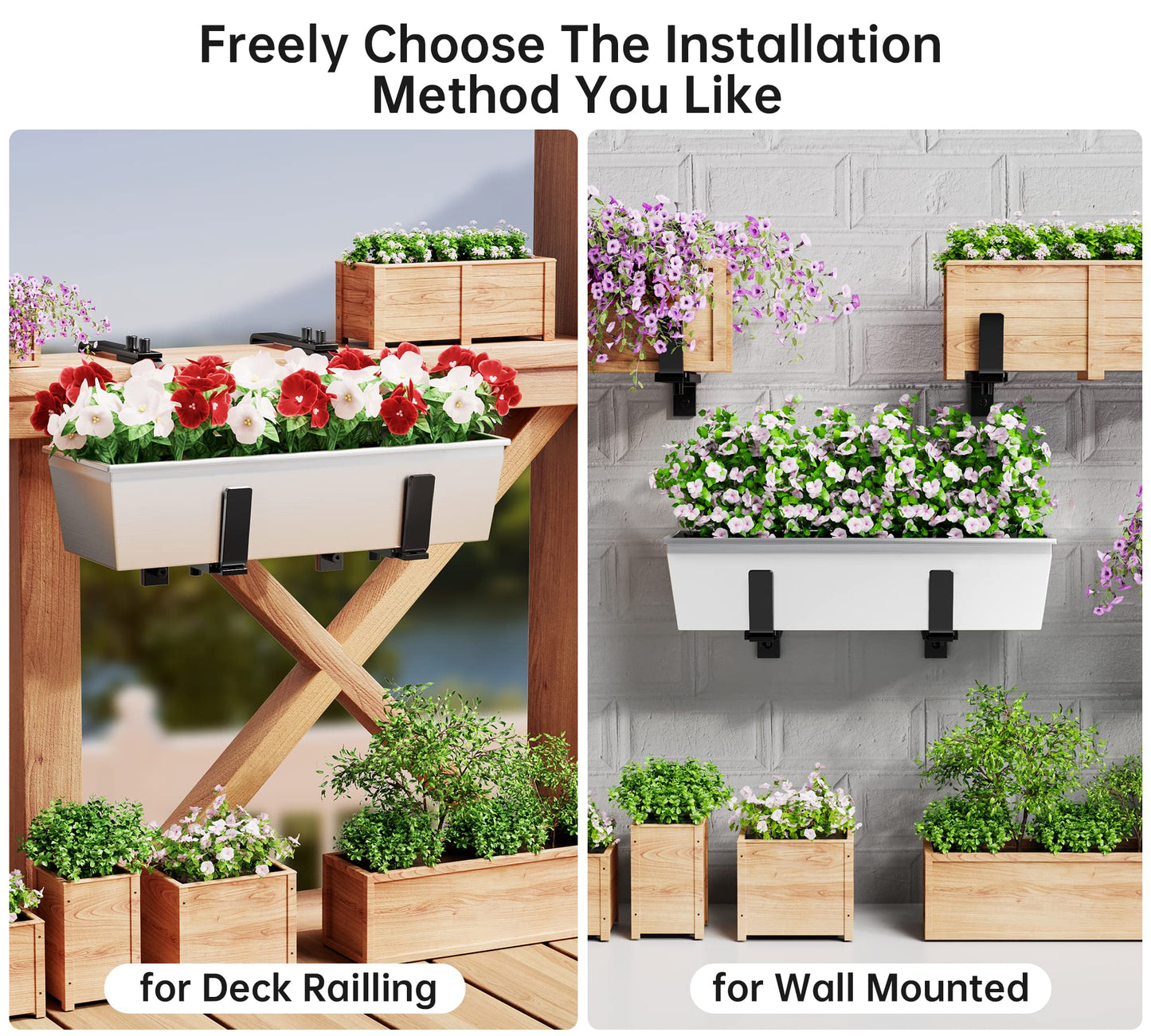 Y&M Window Box Brackets, Heavy Duty Iron Adjustable Planter Flower Box Brackets for Railings, Perfect for Balconies, Fences, and Gardens（4 Packs）