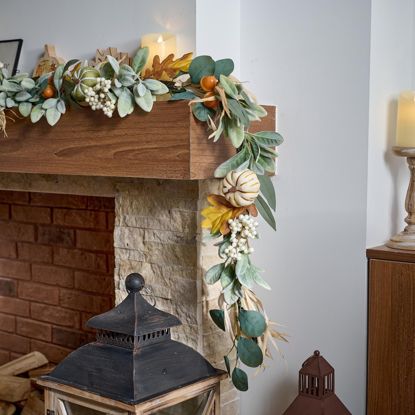 Valery Madelyn Fall Garland for Mantle, 6ft Lambs Ear Leaves Garland with Lights White Pumpkins Thanksgiving Table Centerpiece, Fall Autumn Decorations for Home Porch Fireplace Outdoor Halloween Decor
