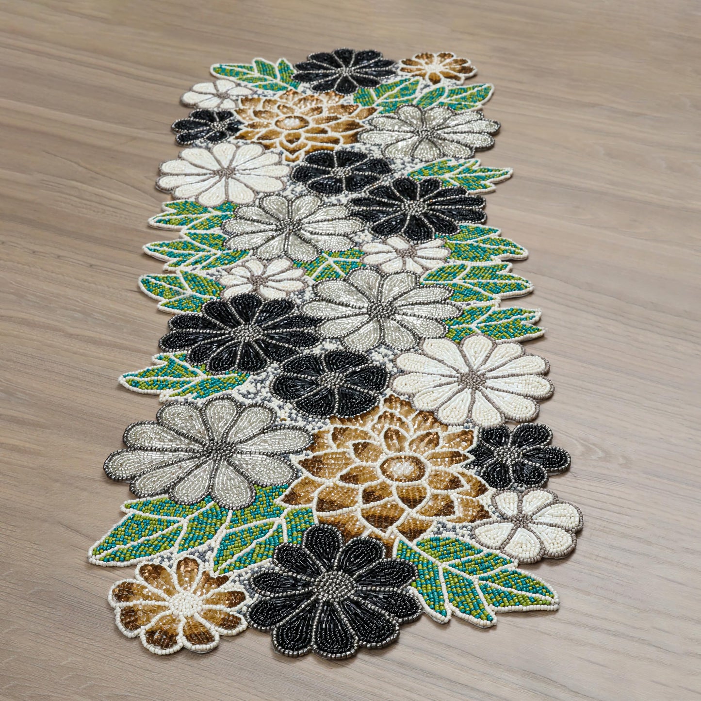 Beaded Table Runner Decore 36 inches Long Christmas Flower Design Beaded Table Runners for Halloween, Christmas, Easter Coffee Tropical ,13X36_Grey Multi
