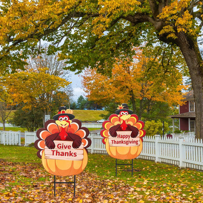 Whaline 2 Pack Fall Thanksgiving Metal Decorative Garden Stake Turkey Pumpkin Welcome Harvest Yard Sign Waterproof for Home Garden Yard Lawn Patio Backyard Walkway Decorations
